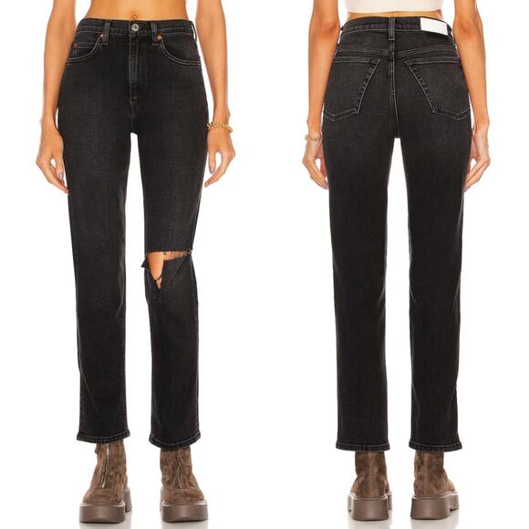 RE/DONE 70s Straight Jeans Women’s Size 24 Black Washed Noir Distressed Hole - Picture 1 of 6